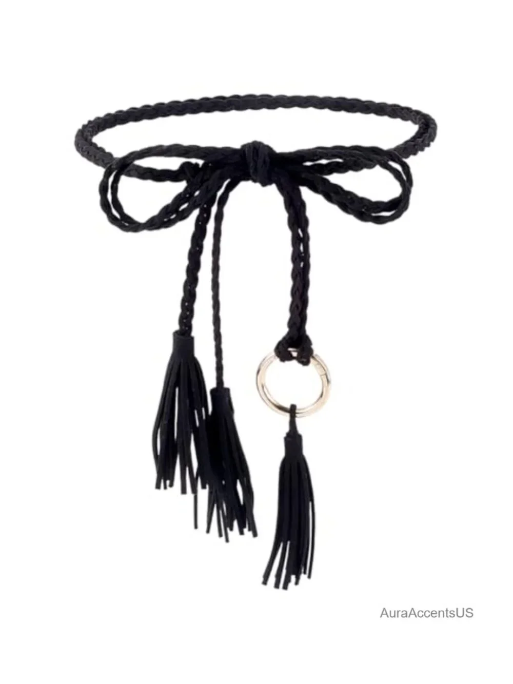Boho Braided PU Leather Waist Belt with Tassel Rope
